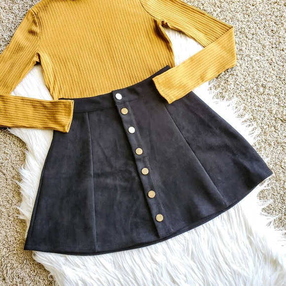 Argstar Dresses & Skirts - Black Faux Suede Drawstring Button-front Skirt